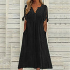 Womens V Neck Eyelet Pattern Short Sleeve Midi Dress