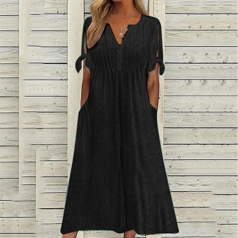 Womens V Neck Eyelet Pattern Short Sleeve Midi Dress
