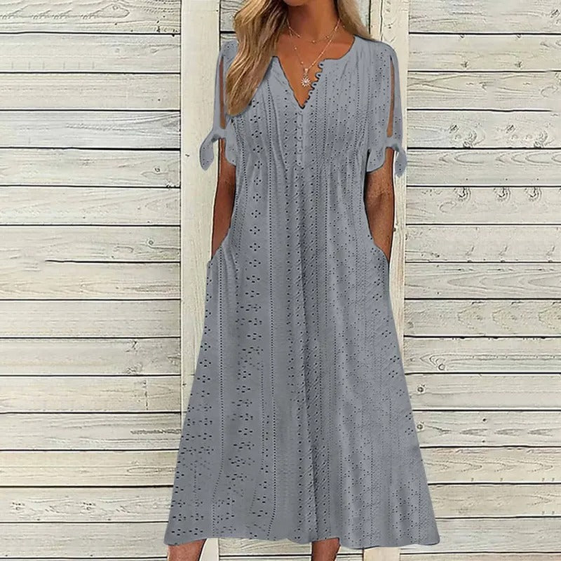 Womens V Neck Eyelet Pattern Short Sleeve Midi Dress