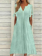 Womens V Neck Eyelet Pattern Short Sleeve Midi Dress