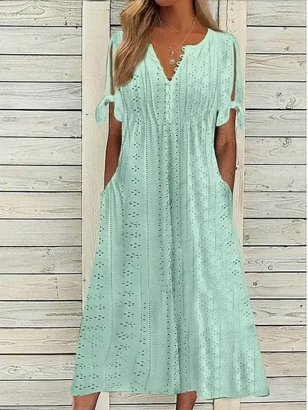 Womens V Neck Eyelet Pattern Short Sleeve Midi Dress