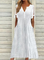 Womens V Neck Eyelet Pattern Short Sleeve Midi Dress