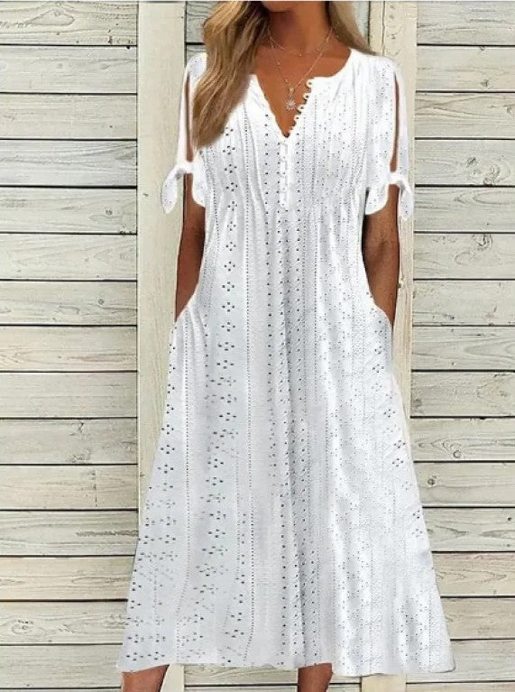 Womens V Neck Eyelet Pattern Short Sleeve Midi Dress