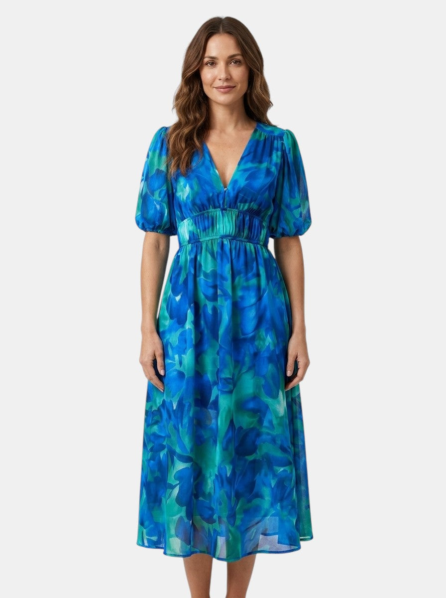 Womens Floral Midi Dress with V-Neck and Puff Sleeves