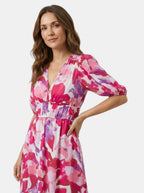 Womens Floral Midi Dress with V-Neck and Puff Sleeves