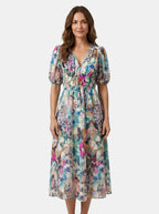 Womens Floral Midi Dress with V-Neck and Puff Sleeves