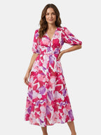 Womens Floral Midi Dress with V-Neck and Puff Sleeves