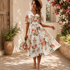 Women’s Floral Midi Dress with Smocked Waist