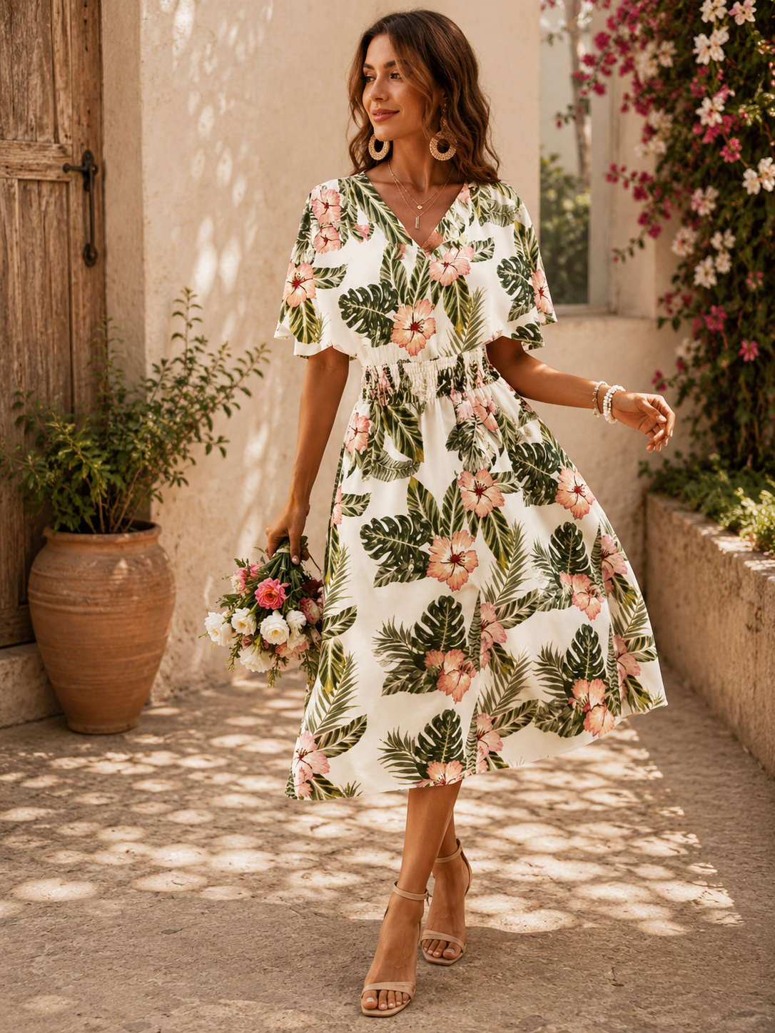 Women’s Floral Midi Dress with Smocked Waist