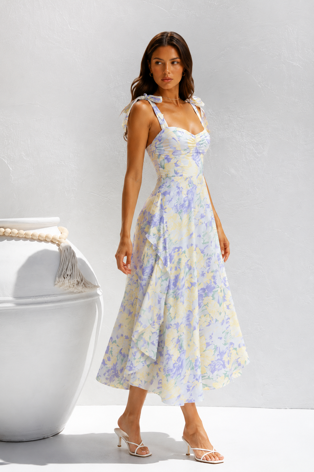Women's Floral Midi Dress with Tie Shoulder Straps