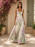Women’s Floral Pleated Maxi Dress with Square Neckline