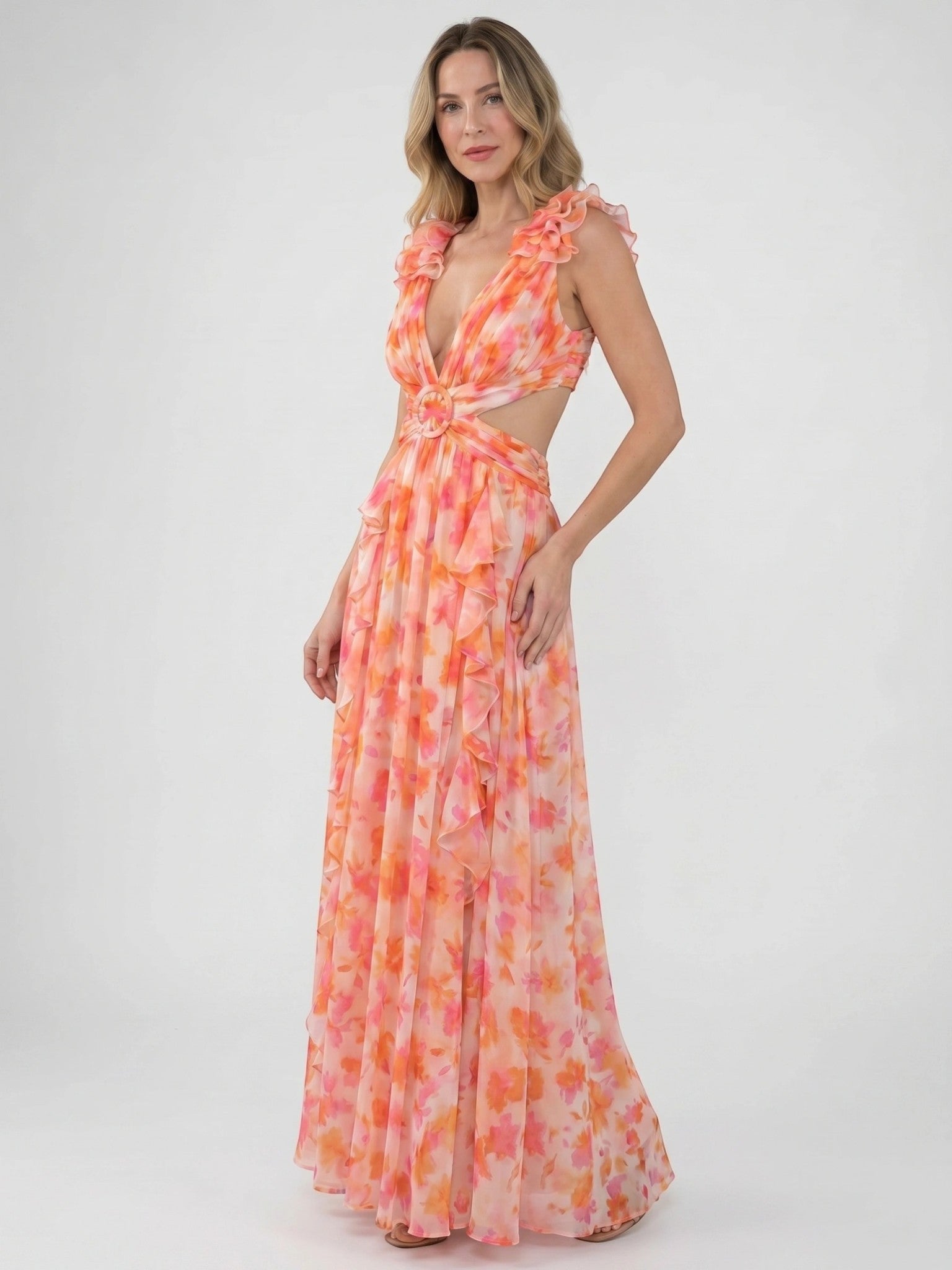 Womens Floral Sleeveless Maxi Summer Dress with Cut-Out Back