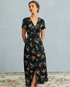 Women’s Floral V Neck Maxi Dress with Button Detail