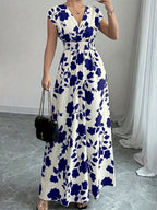 Women’s Floral V Neck Maxi Dress with Shirred Bodice