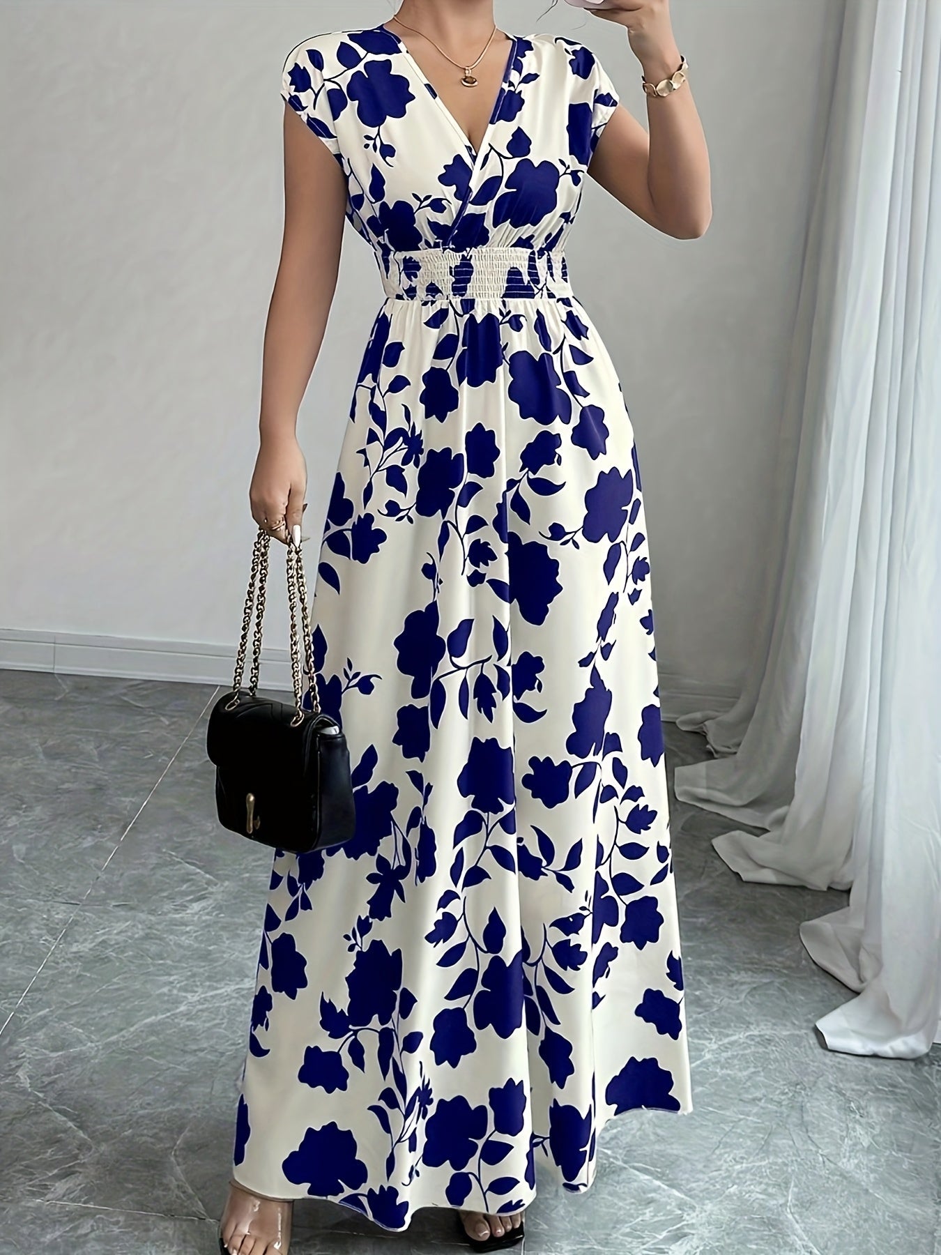 Women’s Floral V Neck Maxi Dress with Shirred Bodice