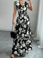 Women’s Floral V Neck Maxi Dress with Shirred Bodice