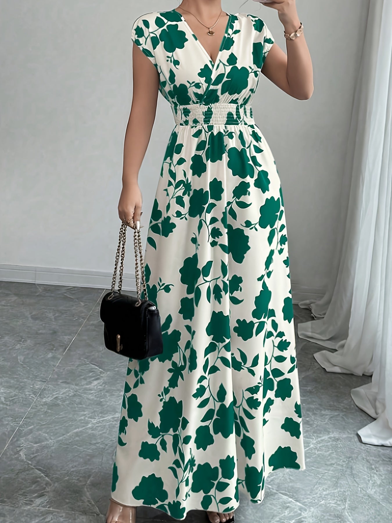 Women’s Floral V Neck Maxi Dress with Shirred Bodice