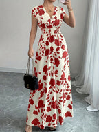 Women’s Floral V Neck Maxi Dress with Shirred Bodice