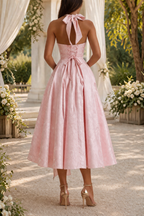 Women’s Halter Neck Jacquard Flared Midi Dress