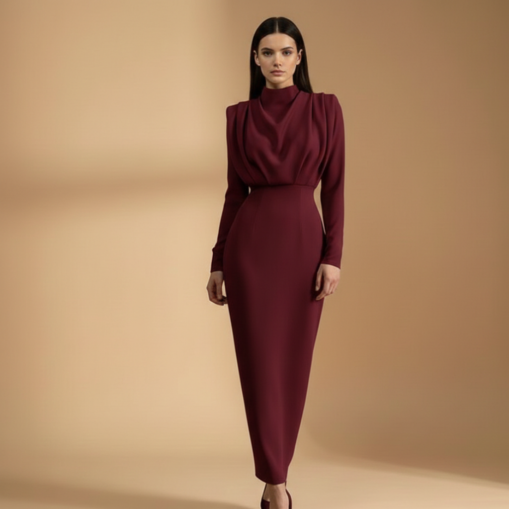 Women's High-Neck Midi Dress with Long Sleeves