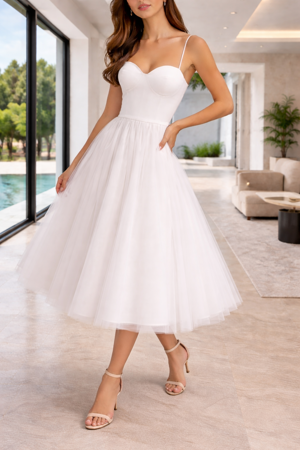 Women’s Layered Tulle Midi Dress with Structured Bodice