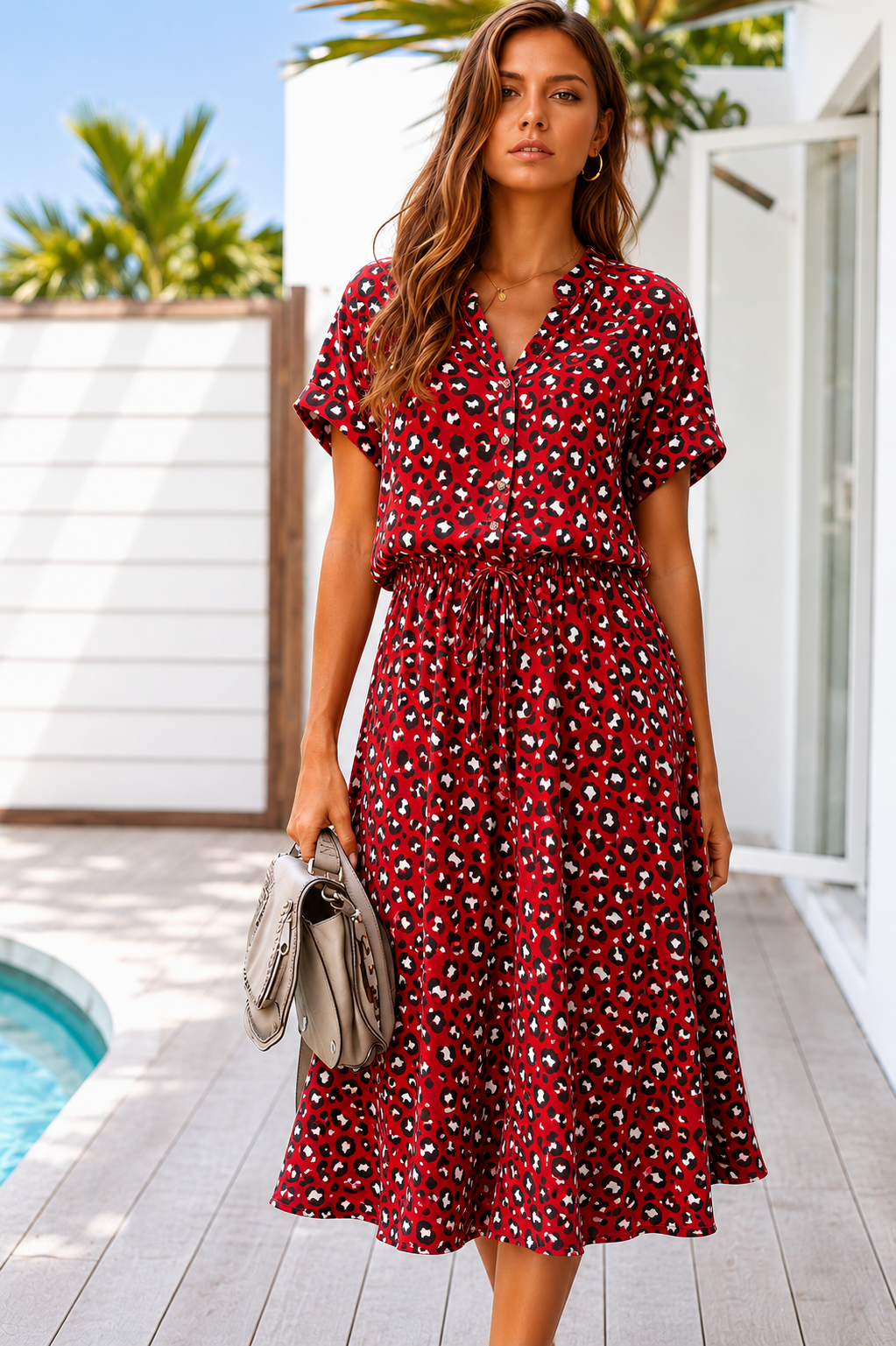 Women's Leopard Print Button-Front Midi Dress