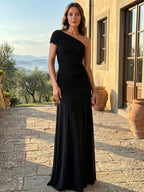 Womens Asymmetric Gathered Maxi Cocktail Dress Long Sleeve Draped