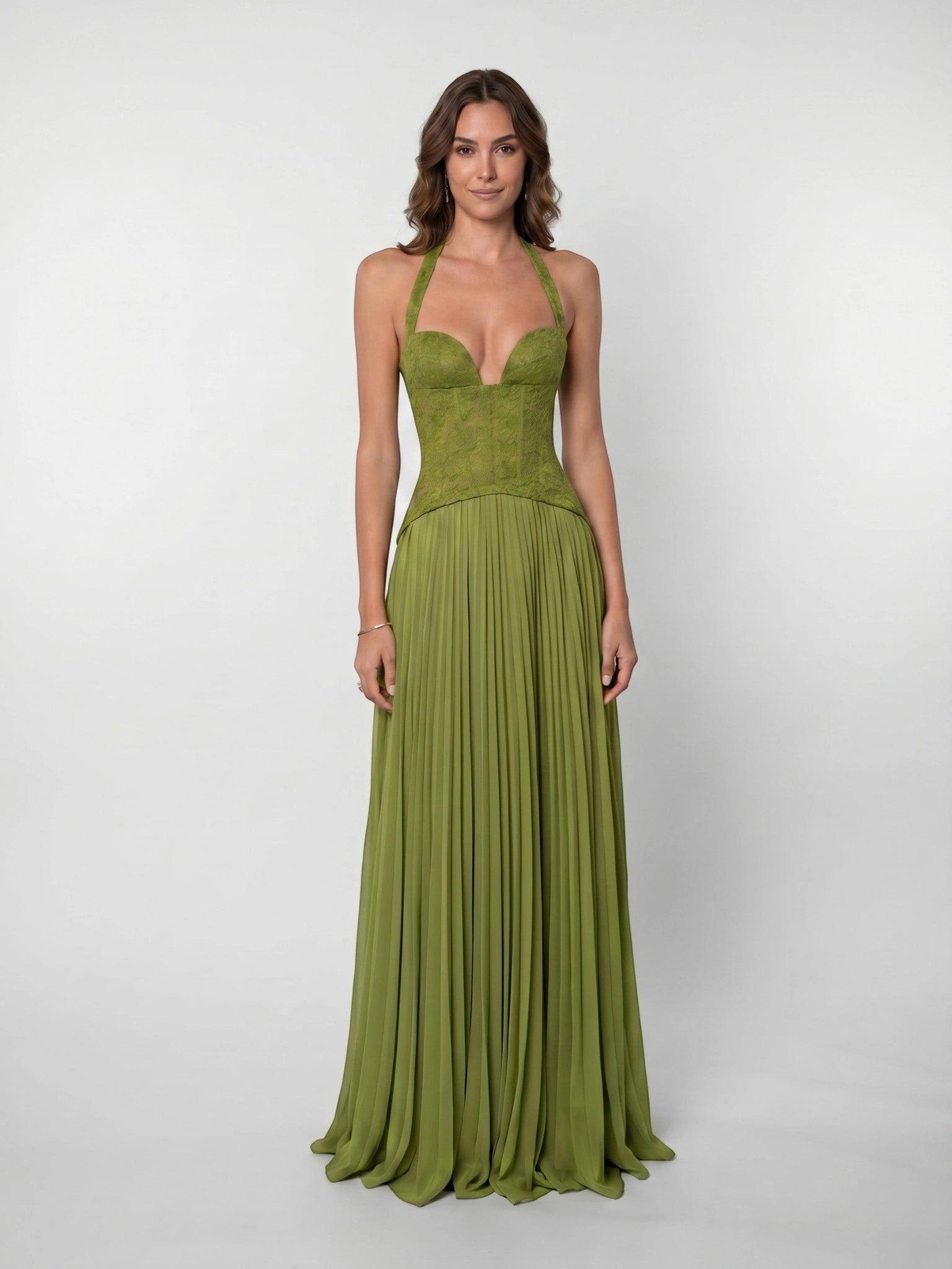 Womens Pleated Corset Maxi Dress Sleeveless Fitted Waist