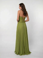 Womens Pleated Corset Maxi Dress Sleeveless Fitted Waist