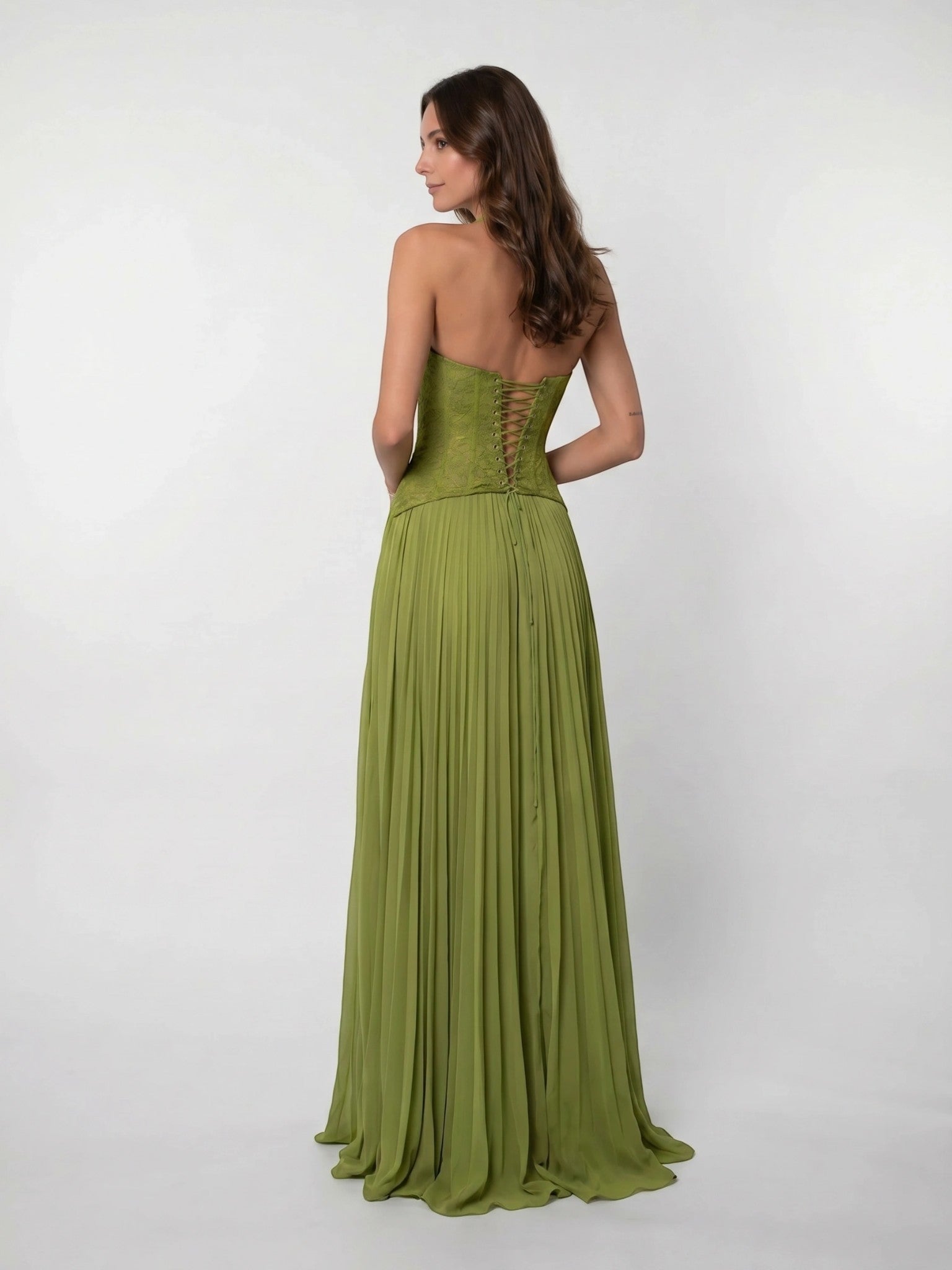 Womens Pleated Corset Maxi Dress Sleeveless Fitted Waist