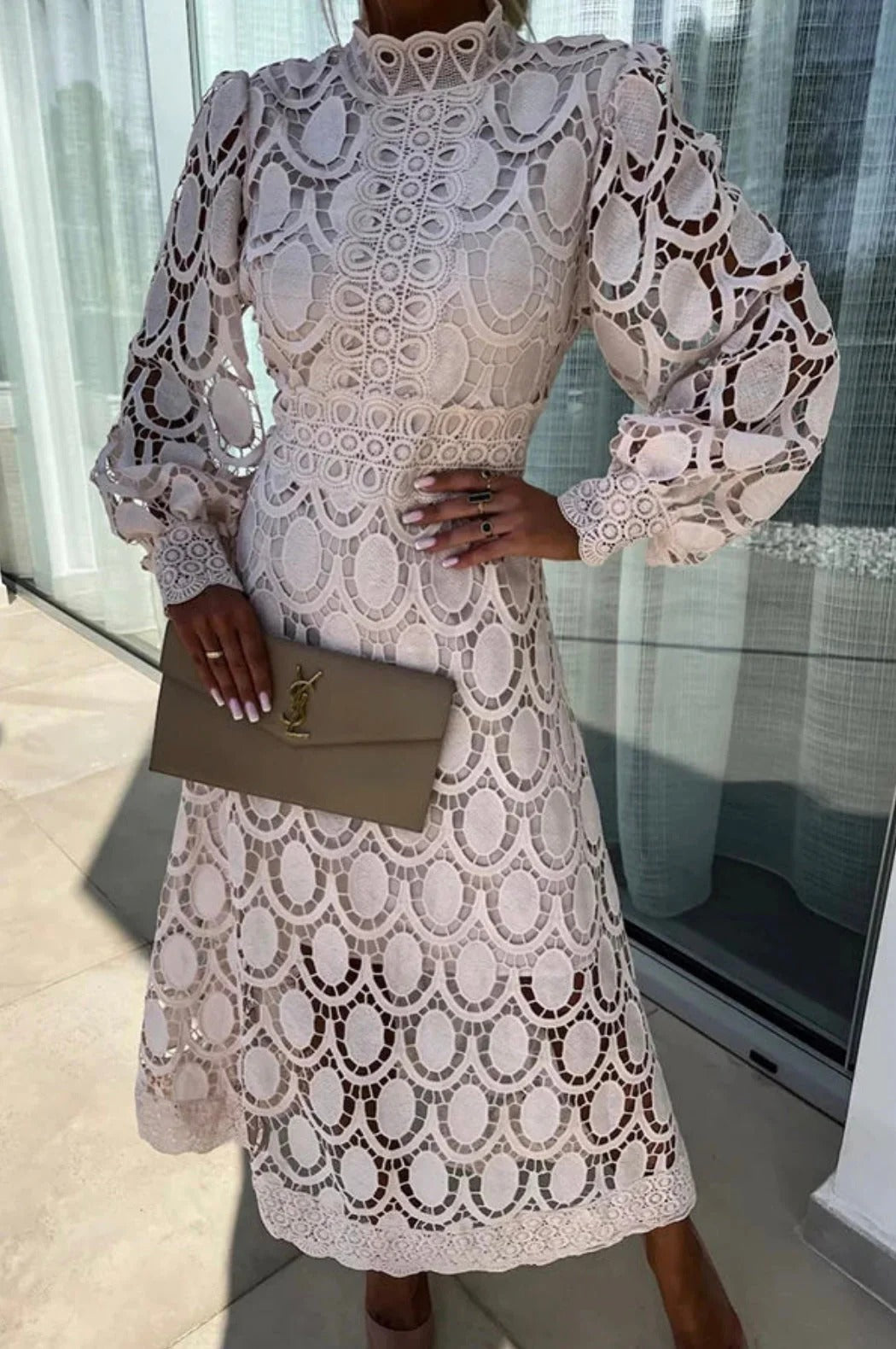 Women's Long Sleeve Lace Midi Dress