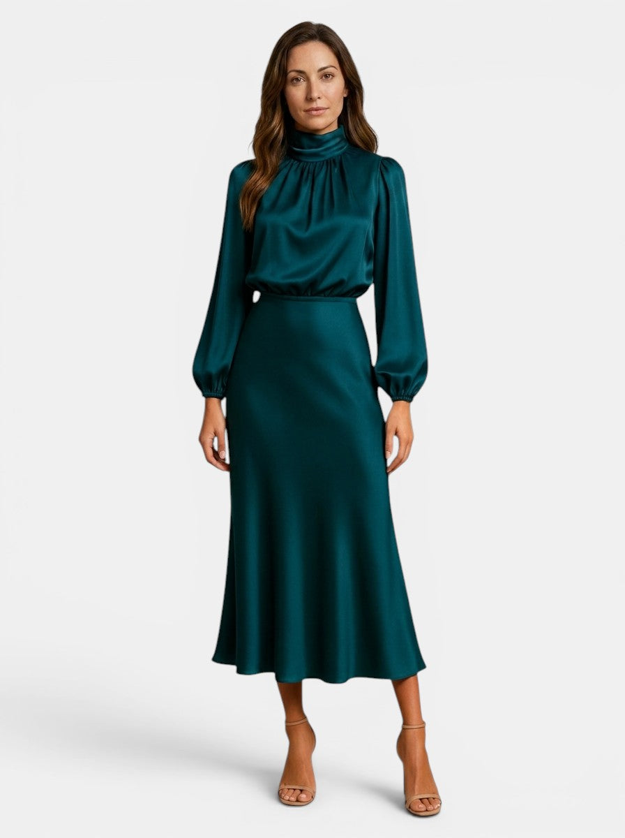 Womens High Neck Flared Midi Dress with Long Sleeves Fitted