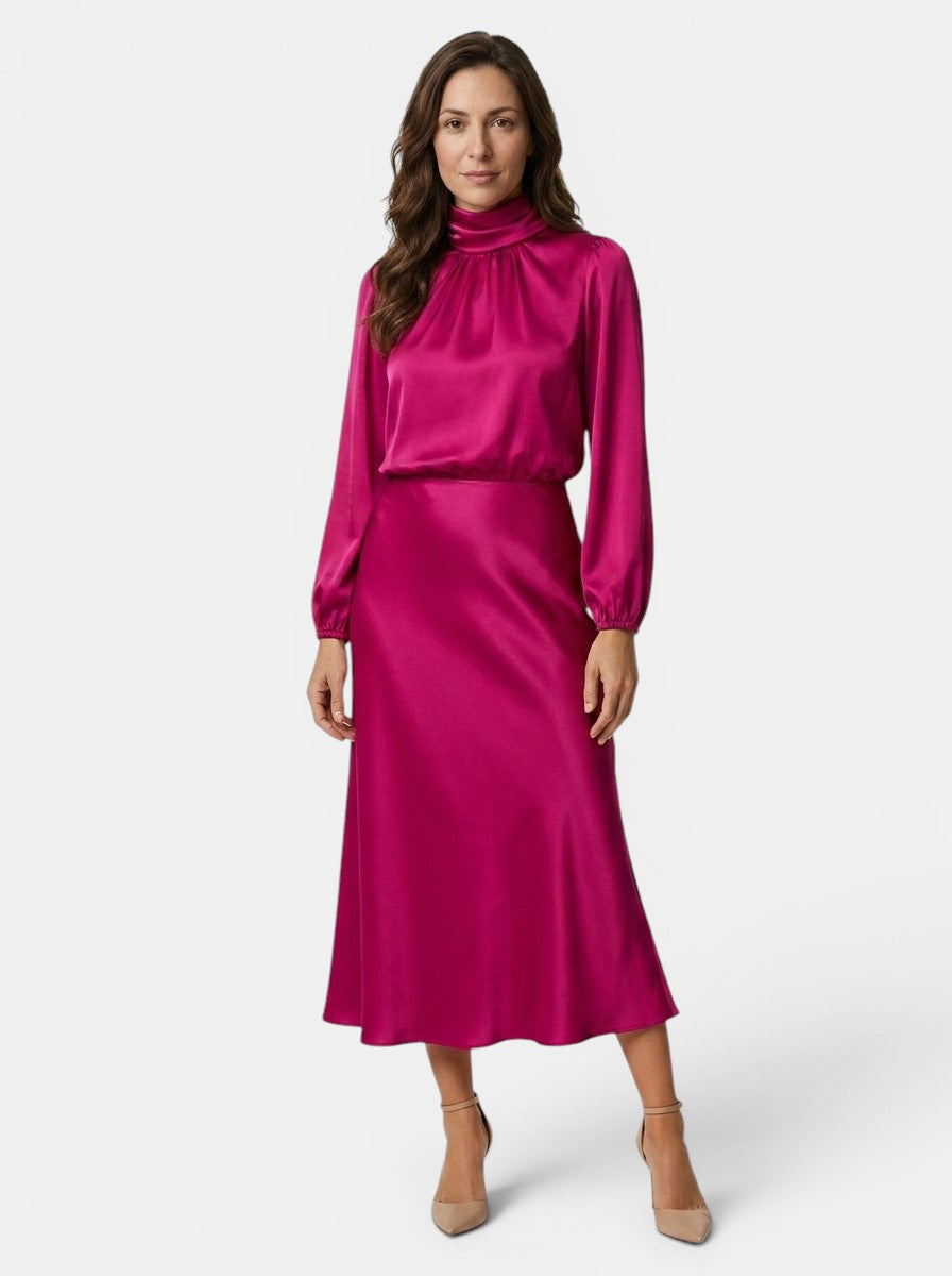 Womens High Neck Flared Midi Dress with Long Sleeves Fitted