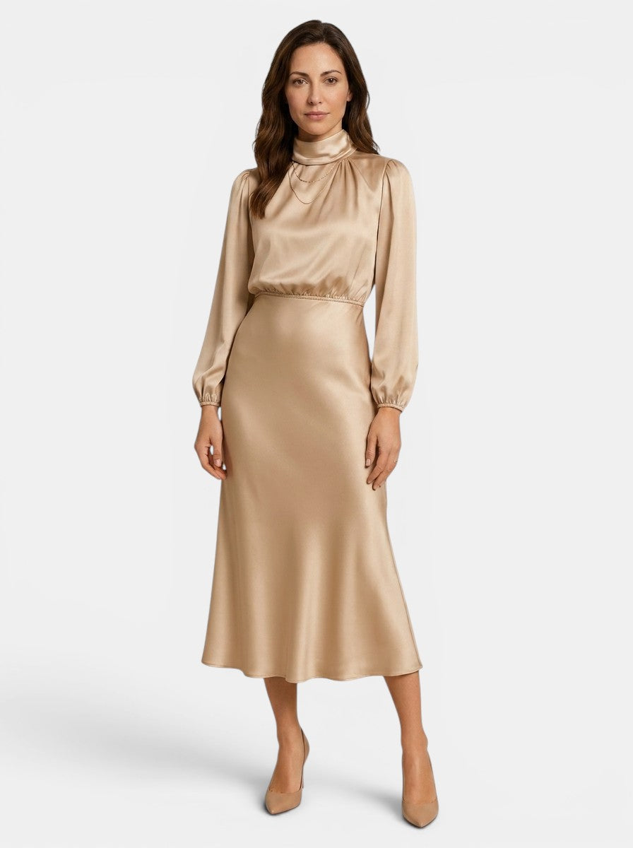 Womens High Neck Flared Midi Dress with Long Sleeves Fitted