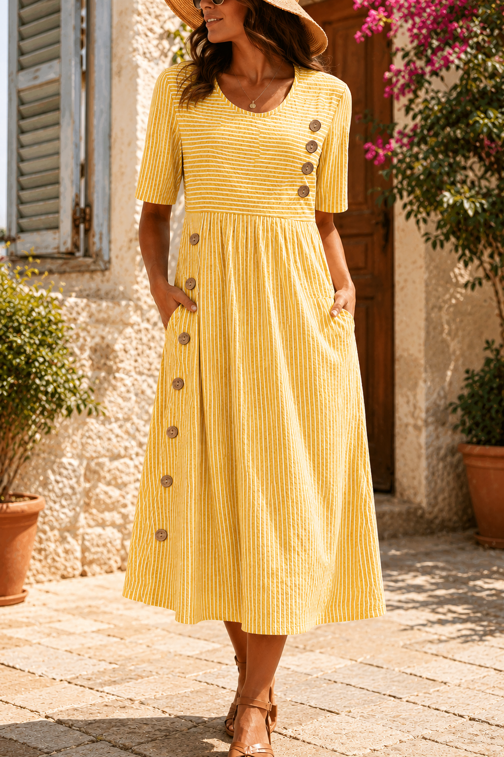 Women's Pinstripe Midi Dress with Button Front