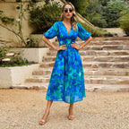Women's Puff Sleeve Midi Dress with Square Neckline