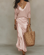 Women’s Satin Slip Midi Dress and Knit Sweater Set
