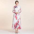 Women’s Sheer Long Sleeve Belted Floral Dress