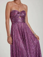 Womens Shiny Strapless Pleated Maxi Evening Dress