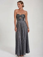 Womens Shiny Strapless Pleated Maxi Evening Dress