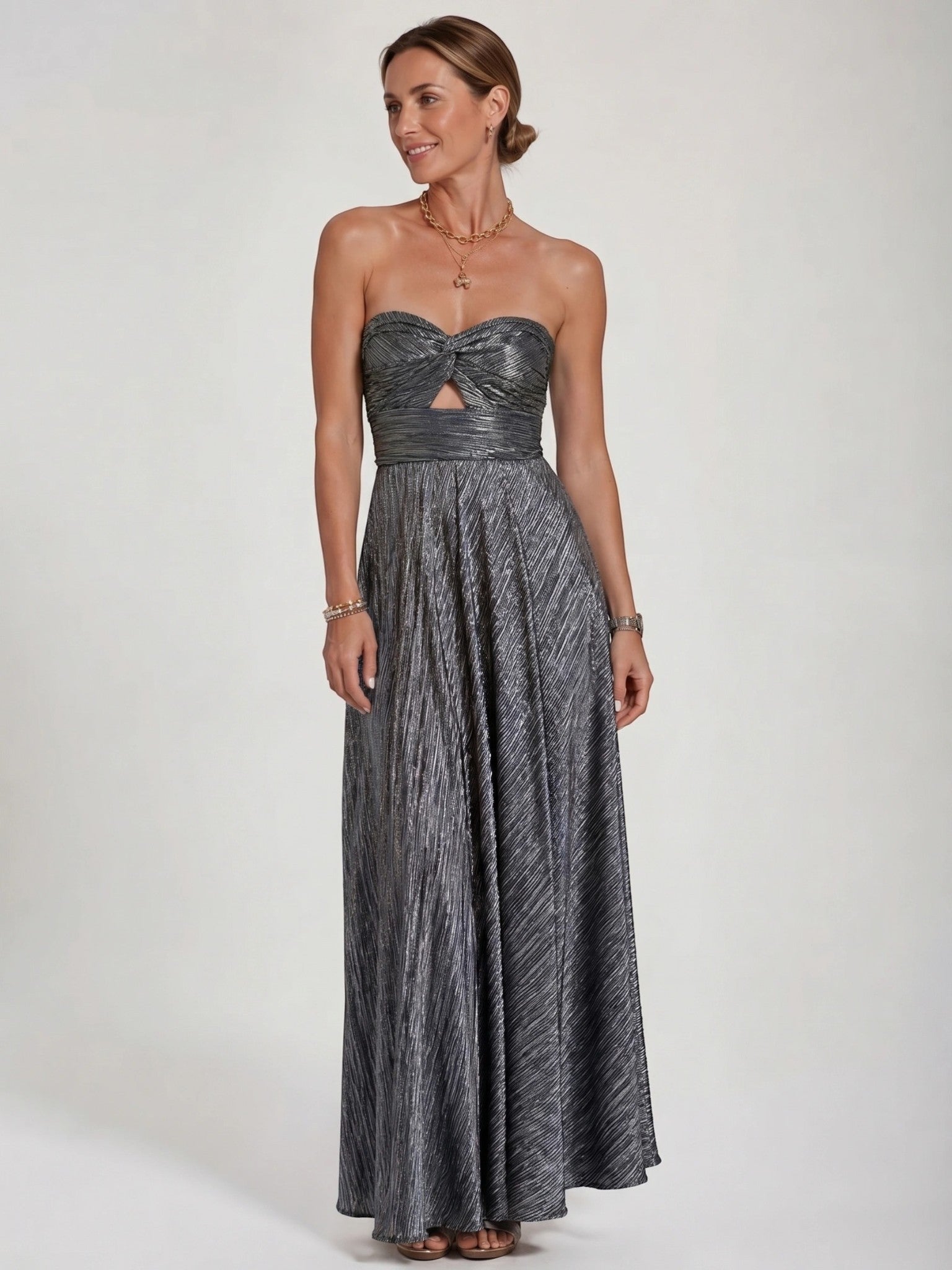 Womens Shiny Strapless Pleated Maxi Evening Dress