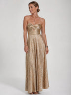 Womens Shiny Strapless Pleated Maxi Evening Dress