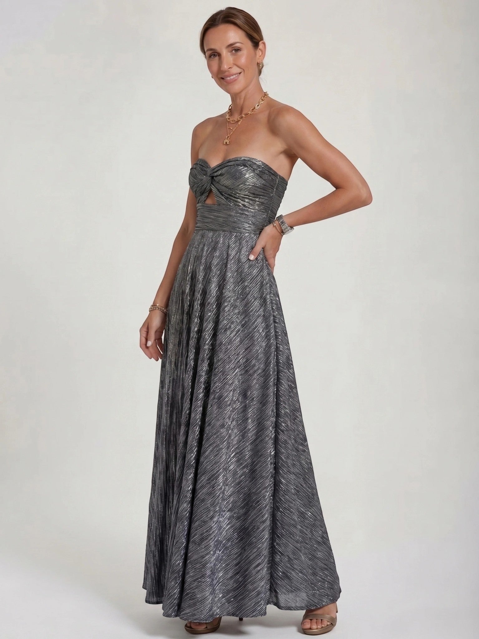 Womens Shiny Strapless Pleated Maxi Evening Dress