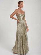 Womens Shiny Strapless Pleated Maxi Evening Dress