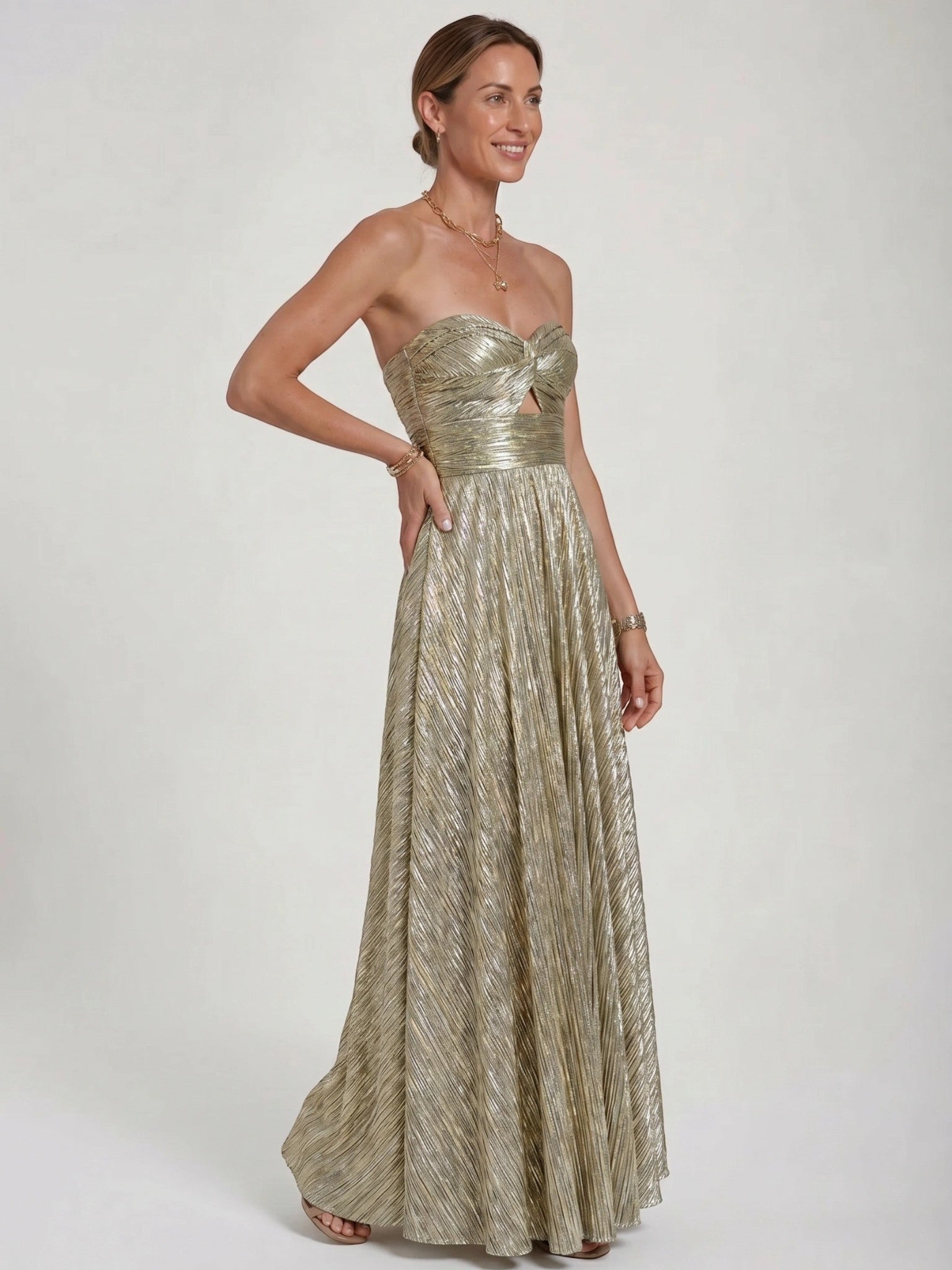 Womens Shiny Strapless Pleated Maxi Evening Dress