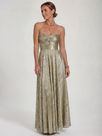 Womens Shiny Strapless Pleated Maxi Evening Dress