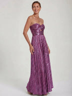 Womens Shiny Strapless Pleated Maxi Evening Dress