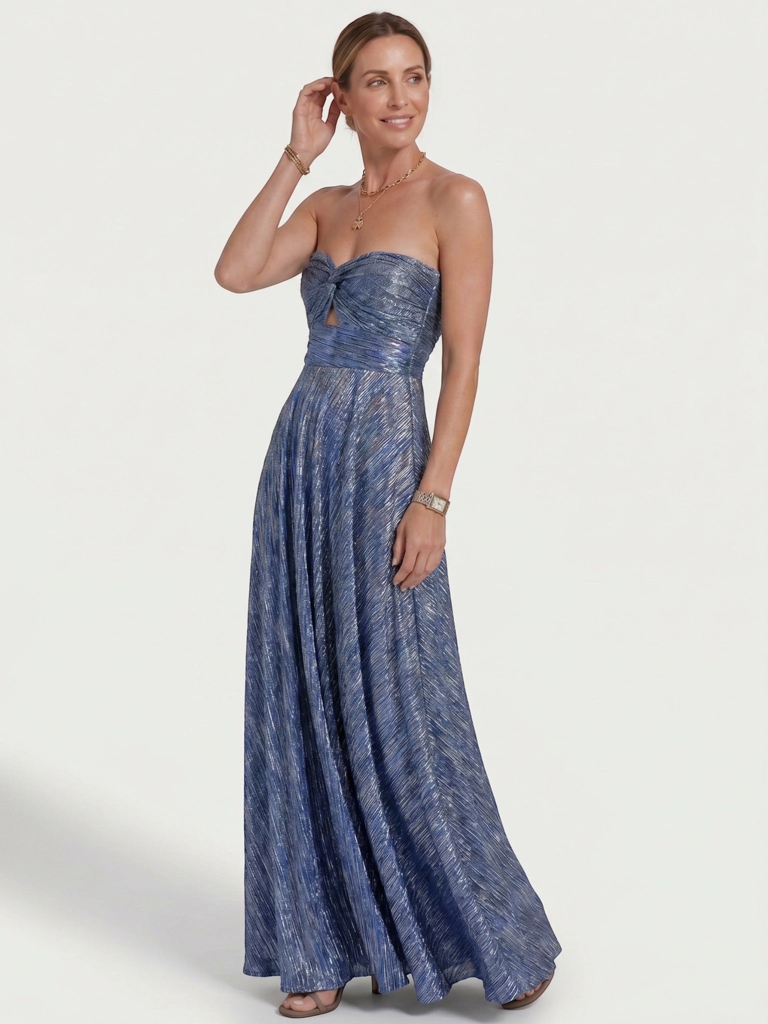 Womens Shiny Strapless Pleated Maxi Evening Dress