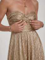 Womens Shiny Strapless Pleated Maxi Evening Dress