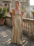 Womens Shiny Strapless Pleated Maxi Evening Dress